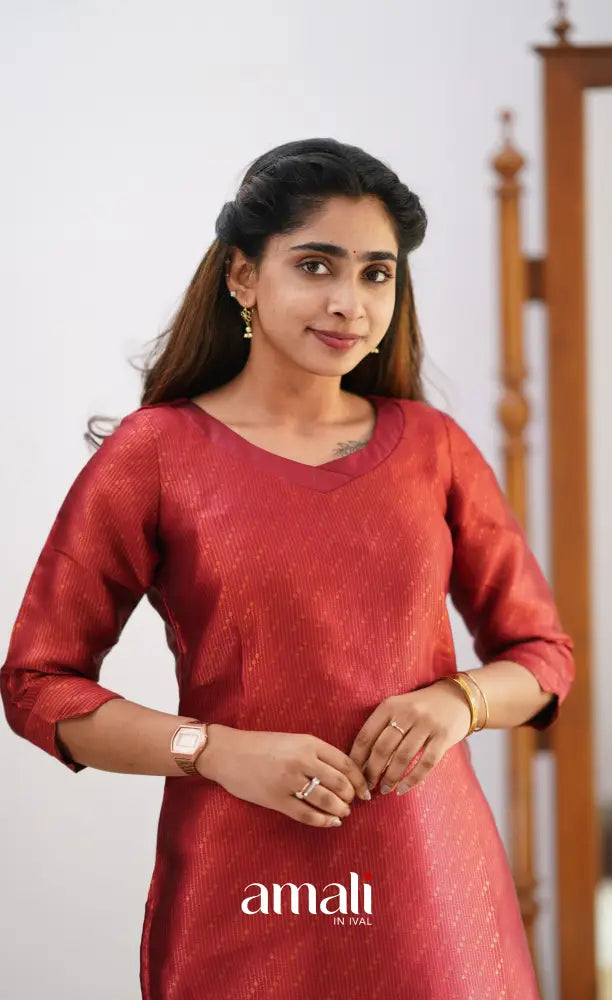 Sanvi - Maroonish Red and Dark Teal Semi Kanchipuram Silk Salwar salwar