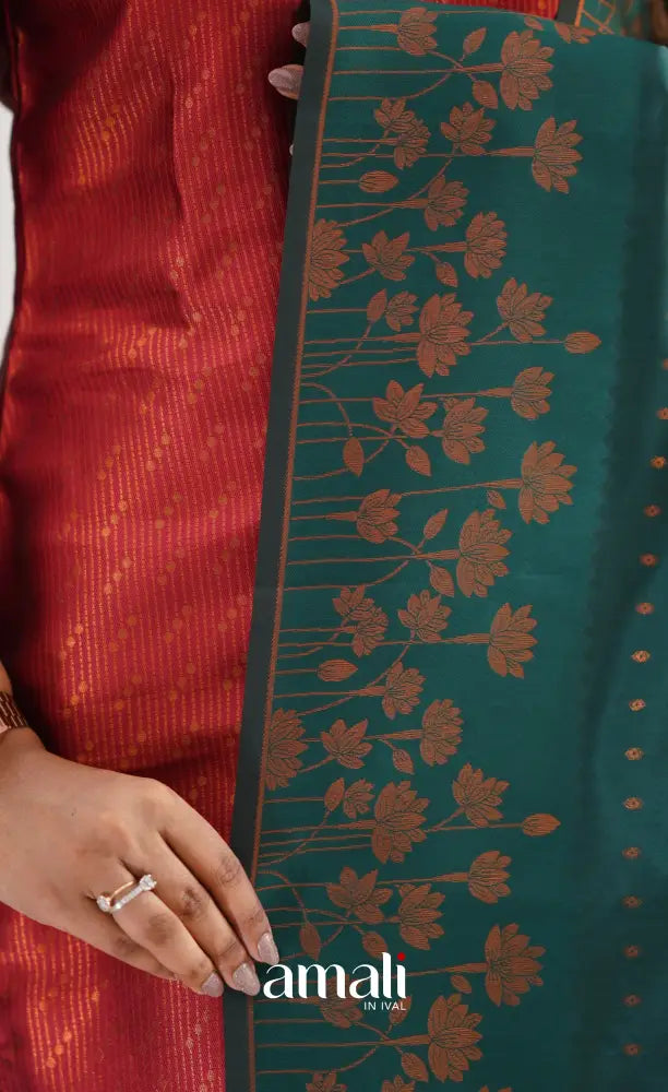 Sanvi - Maroonish Red and Dark Teal Semi Kanchipuram Silk Salwar salwar