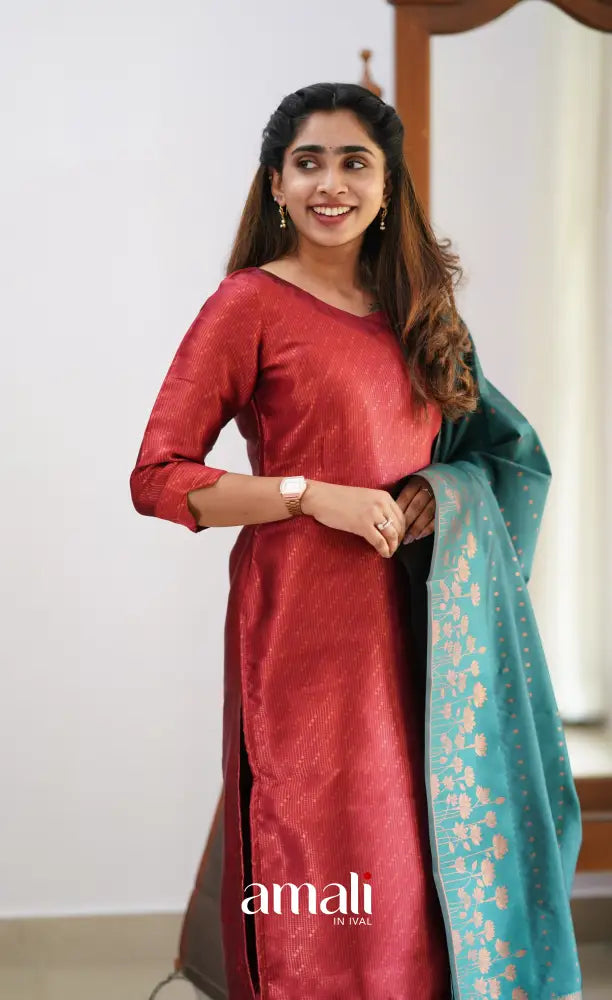 Sanvi - Maroonish Red and Dark Teal Semi Kanchipuram Silk Salwar salwar