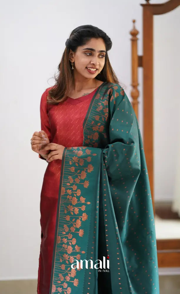 Sanvi - Maroonish Red and Dark Teal Semi Kanchipuram Silk Salwar salwar