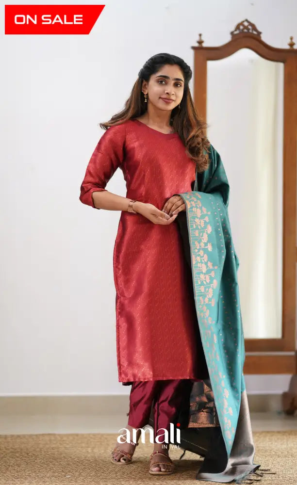 Sanvi - Maroonish Red and Dark Teal Semi Kanchipuram Silk Salwar salwar