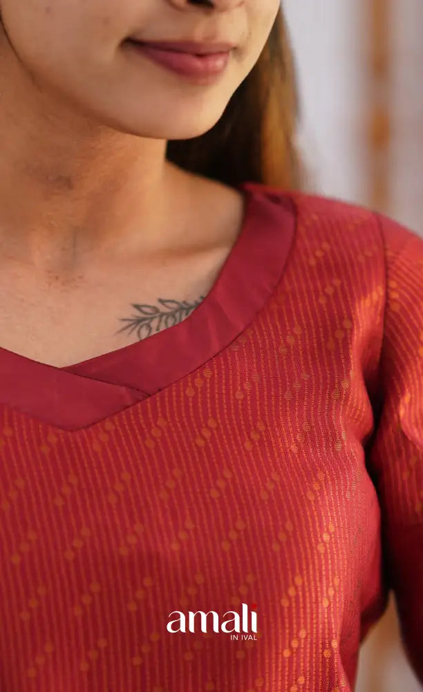 Sanvi - Maroonish Red and Dark Teal Semi Kanchipuram Silk Salwar salwar