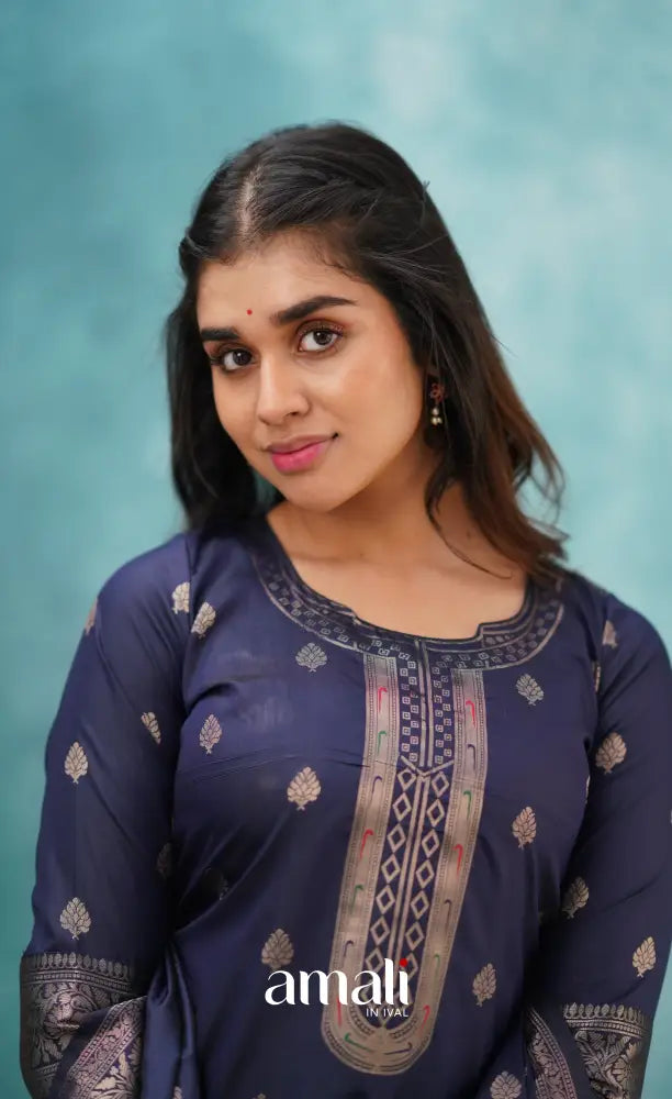Sanvi - Navy Blue Blended Paithani Silk Salwar salwar