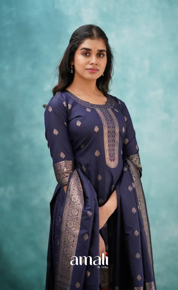 Sanvi - Navy Blue Blended Paithani Silk Salwar salwar