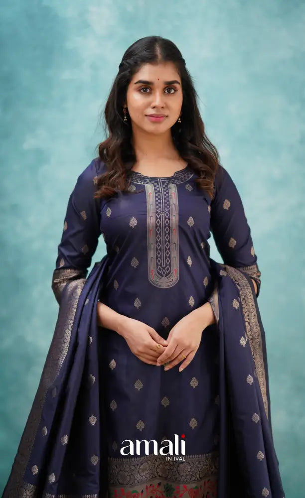 Sanvi - Navy Blue Blended Paithani Silk Salwar salwar