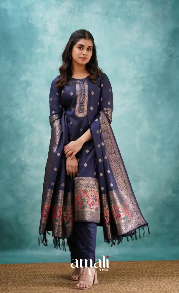Sanvi - Navy Blue Blended Paithani Silk Salwar salwar