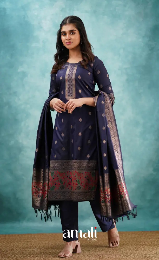 Sanvi - Navy Blue Blended Paithani Silk Salwar salwar