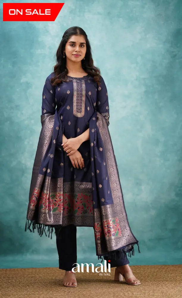 Sanvi - Navy Blue Blended Paithani Silk Salwar salwar