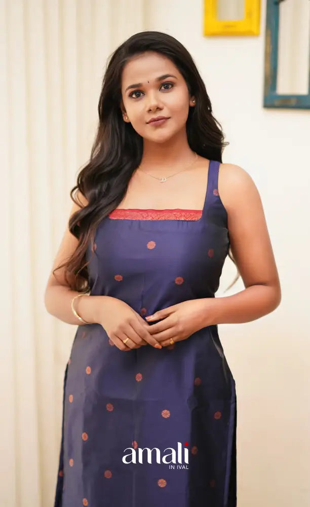 Sanvi - Navy Blue with Reddish Maroon Unstitched Semi Kanchipuram Silk Salwar salwar