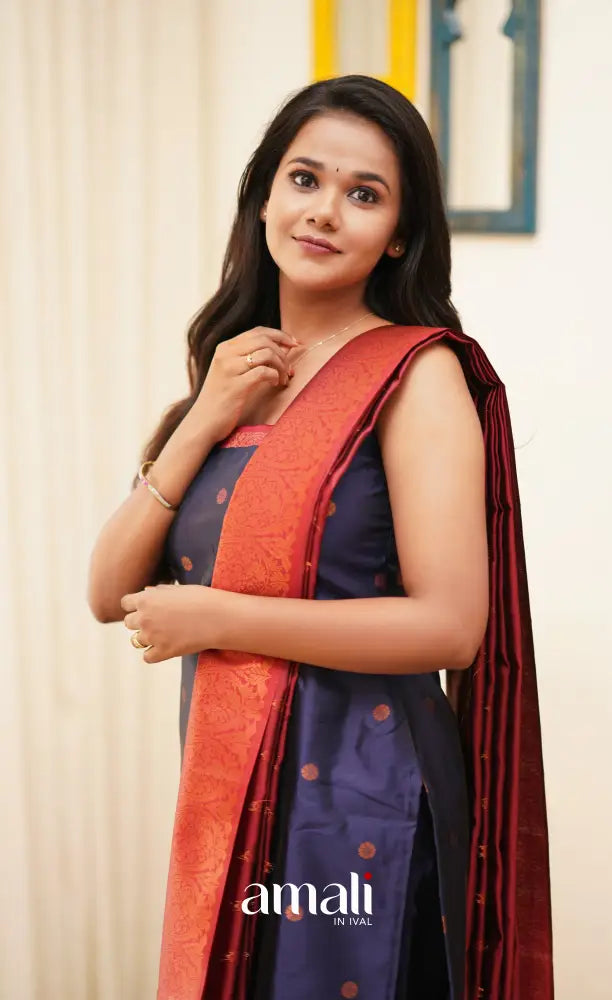 Sanvi - Navy Blue with Reddish Maroon Unstitched Semi Kanchipuram Silk Salwar salwar