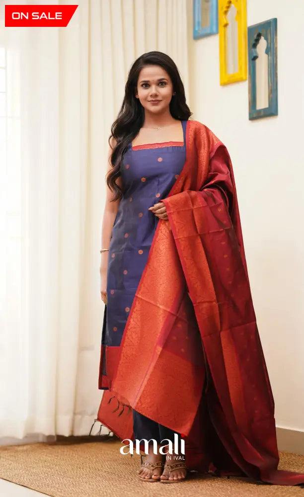 Sanvi - Navy Blue with Reddish Maroon Unstitched Semi Kanchipuram Silk Salwar salwar