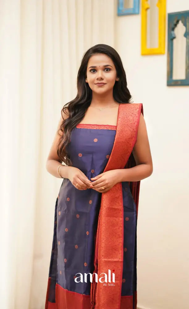 Sanvi - Navy Blue with Reddish Maroon Unstitched Semi Kanchipuram Silk Salwar salwar