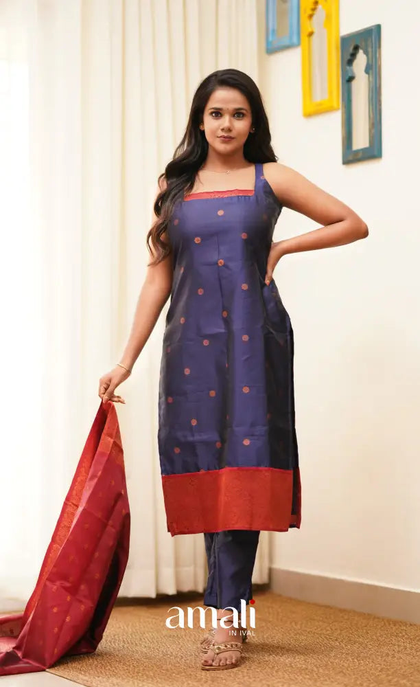 Sanvi - Navy Blue with Reddish Maroon Unstitched Semi Kanchipuram Silk Salwar salwar