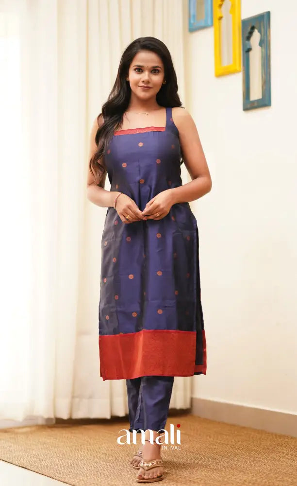 Sanvi - Navy Blue with Reddish Maroon Unstitched Semi Kanchipuram Silk Salwar salwar