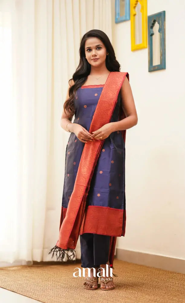 Sanvi - Navy Blue with Reddish Maroon Unstitched Semi Kanchipuram Silk Salwar salwar