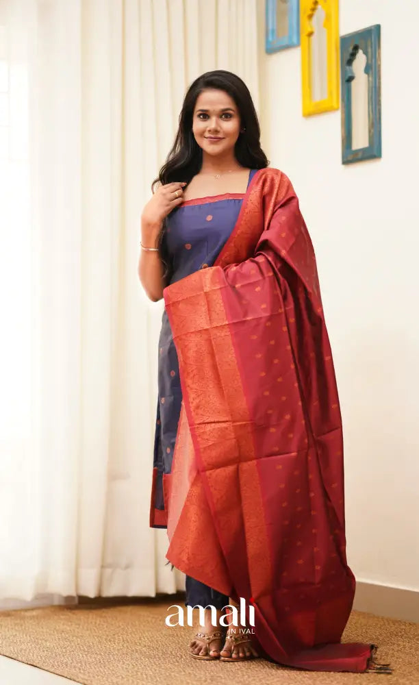 Sanvi - Navy Blue with Reddish Maroon Unstitched Semi Kanchipuram Silk Salwar salwar