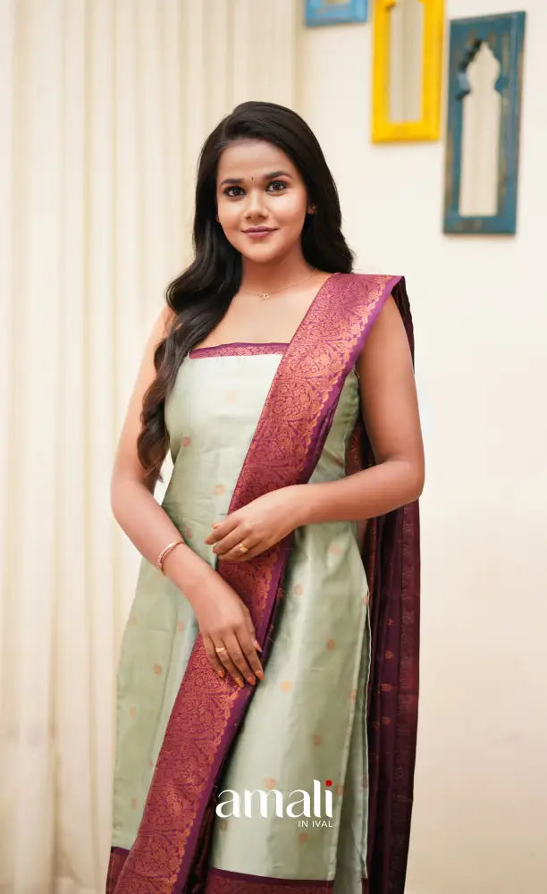 Sanvi - Pastel Powder Blue with Magenta Unstitched Semi Kanchipuram Silk Salwar salwar