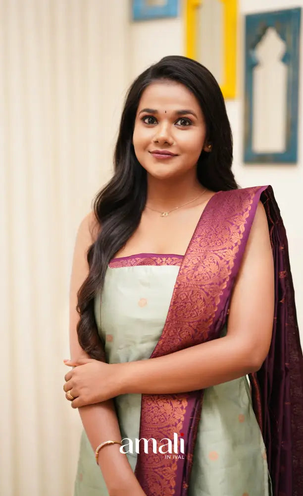 Sanvi - Pastel Powder Blue with Magenta Unstitched Semi Kanchipuram Silk Salwar salwar