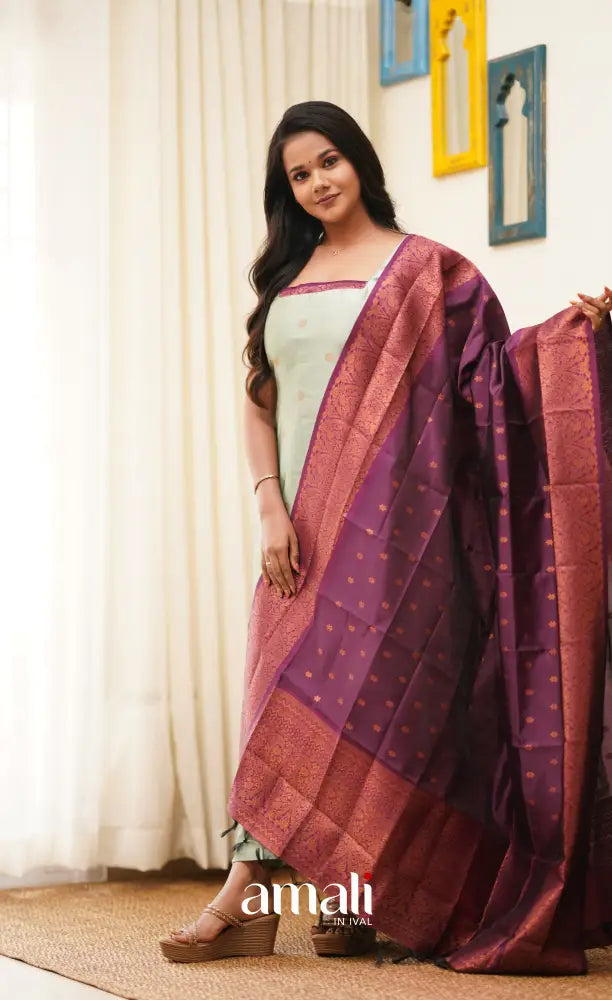 Sanvi - Pastel Powder Blue with Magenta Unstitched Semi Kanchipuram Silk Salwar salwar