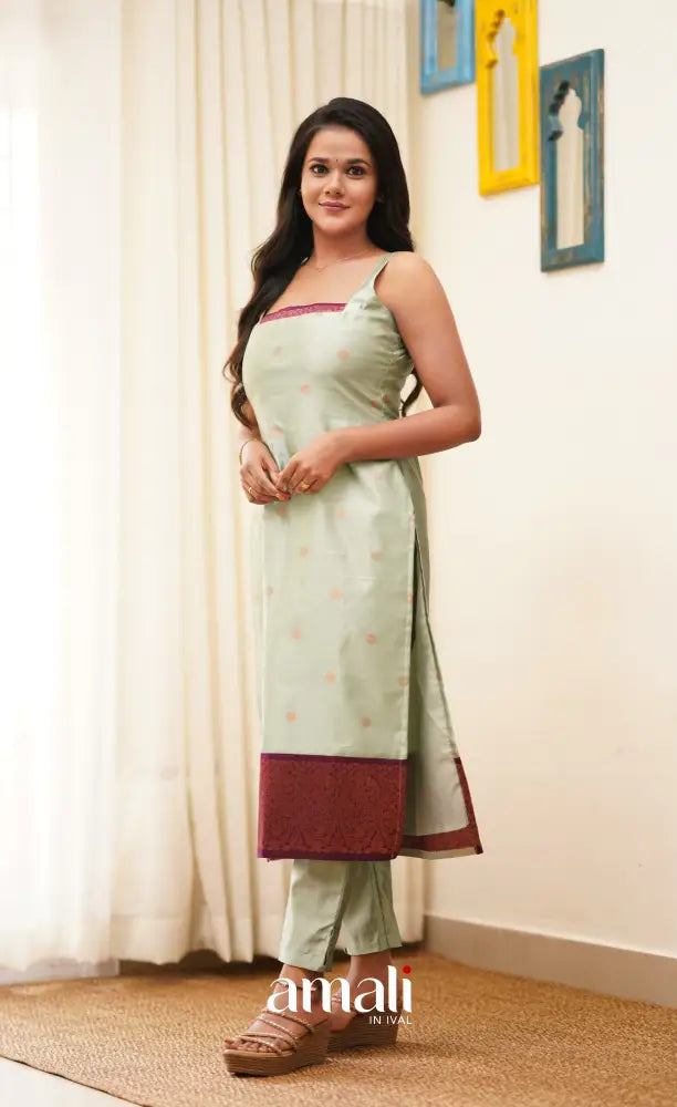 Sanvi - Pastel Powder Blue with Magenta Unstitched Semi Kanchipuram Silk Salwar salwar