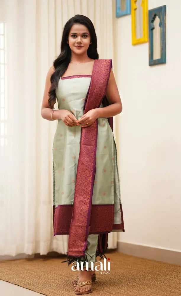 Sanvi - Pastel Powder Blue with Magenta Unstitched Semi Kanchipuram Silk Salwar salwar