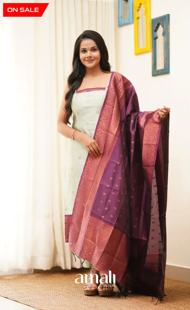 Sanvi - Pastel Powder Blue with Magenta Unstitched Semi Kanchipuram Silk Salwar salwar