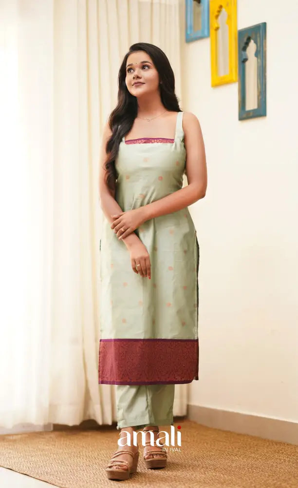 Sanvi - Pastel Powder Blue with Magenta Unstitched Semi Kanchipuram Silk Salwar salwar