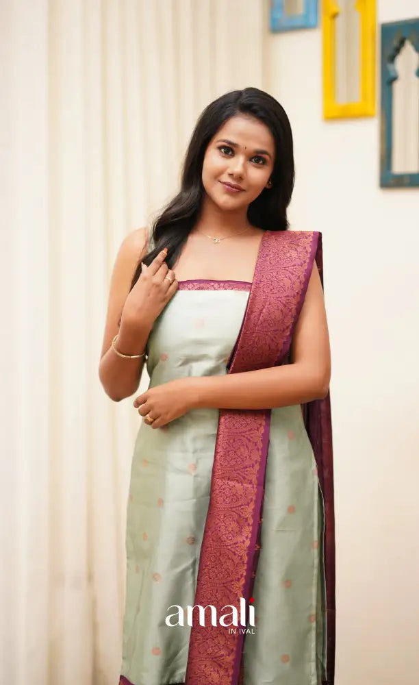 Sanvi - Pastel Powder Blue with Magenta Unstitched Semi Kanchipuram Silk Salwar salwar