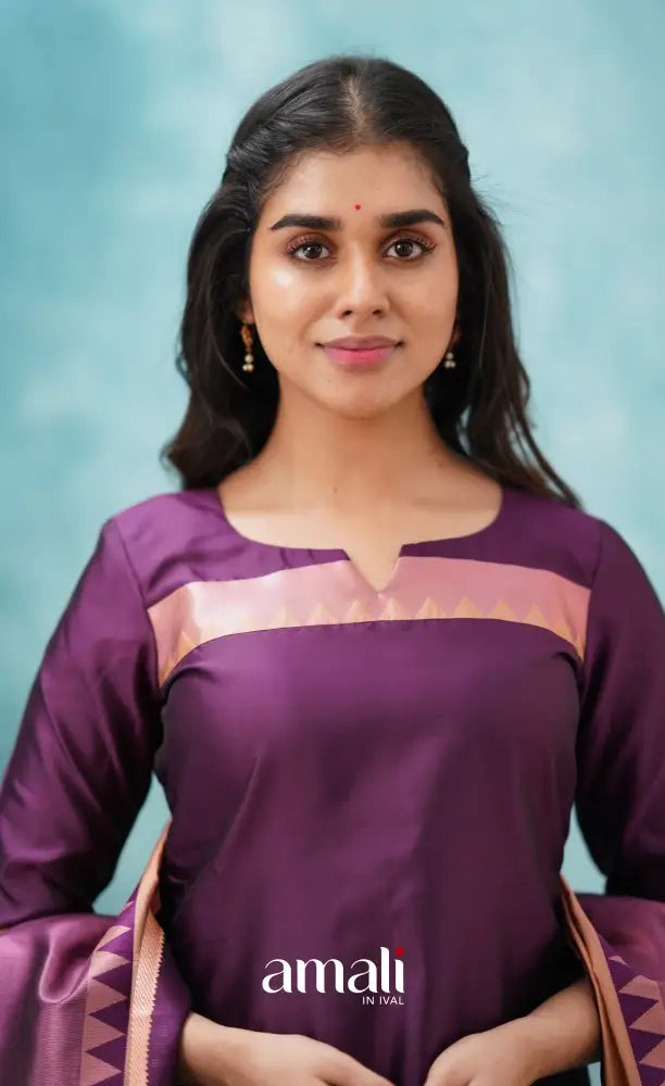 Sanvi - Purplish Magenta and Copper Semi Kanchipuram Silk Salwar salwar