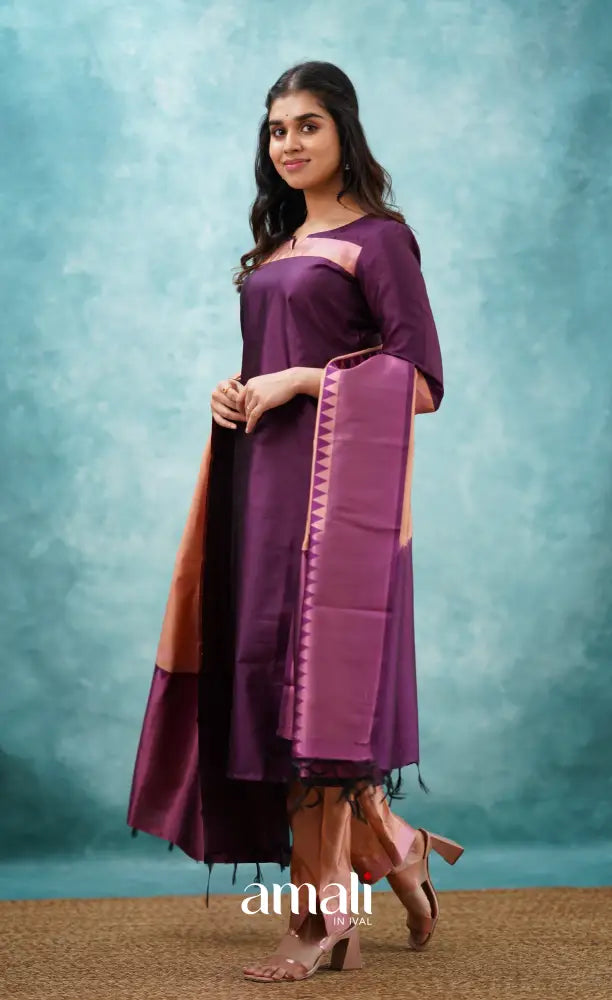 Sanvi - Purplish Magenta and Copper Semi Kanchipuram Silk Salwar salwar