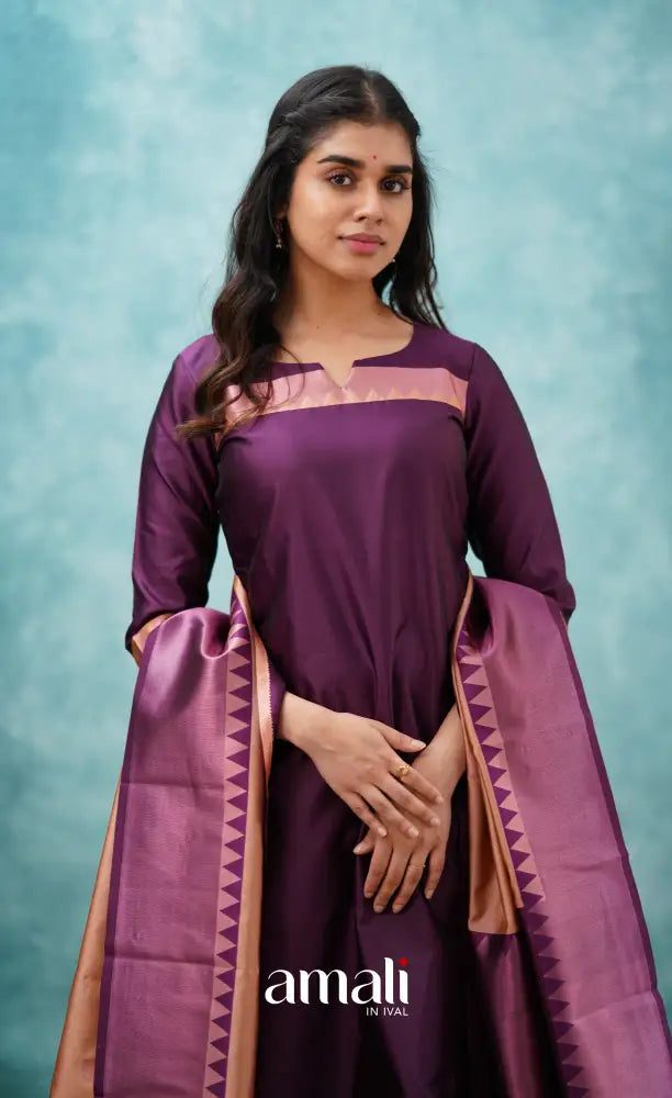 Sanvi - Purplish Magenta and Copper Semi Kanchipuram Silk Salwar salwar