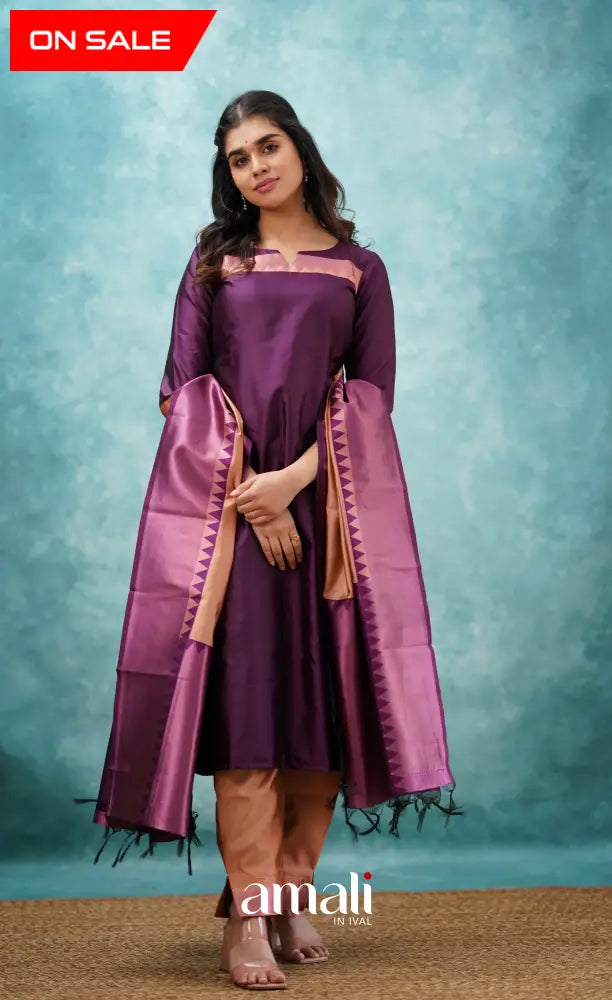 Sanvi - Purplish Magenta and Copper Semi Kanchipuram Silk Salwar salwar