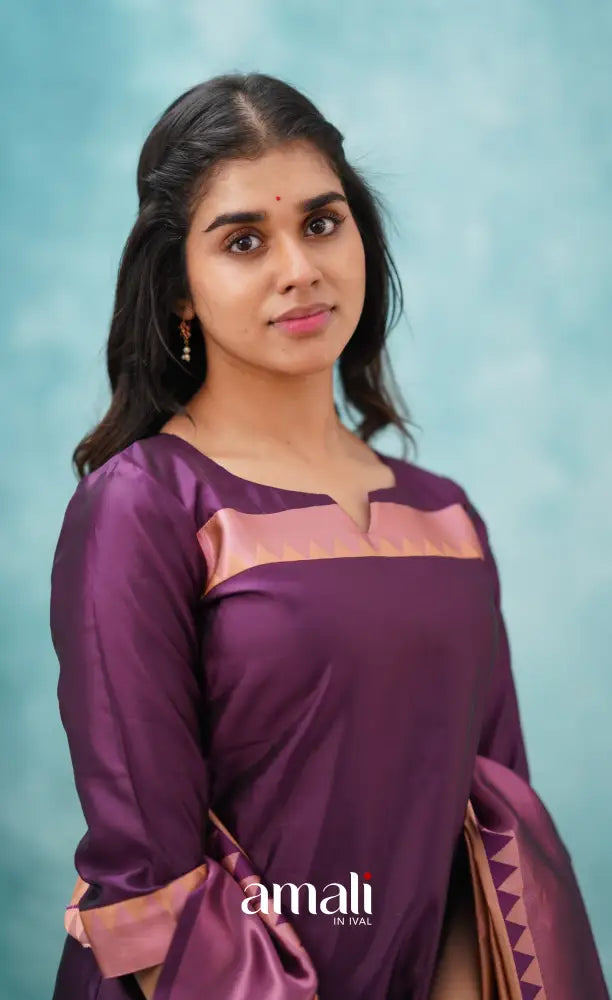 Sanvi - Purplish Magenta and Copper Semi Kanchipuram Silk Salwar salwar