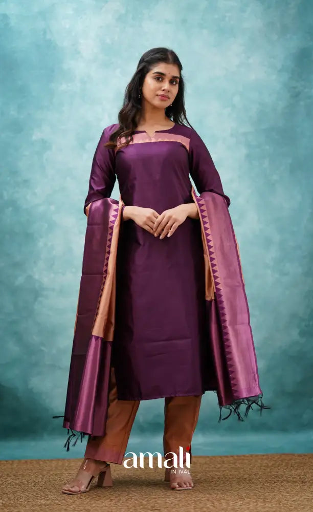 Sanvi - Purplish Magenta and Copper Semi Kanchipuram Silk Salwar salwar