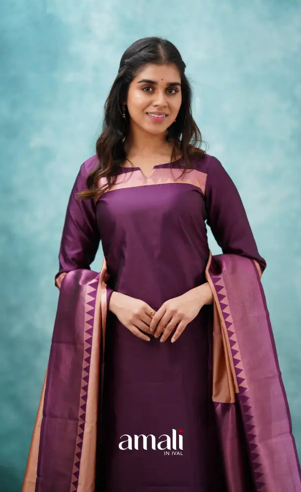 Sanvi - Purplish Magenta and Copper Semi Kanchipuram Silk Salwar salwar