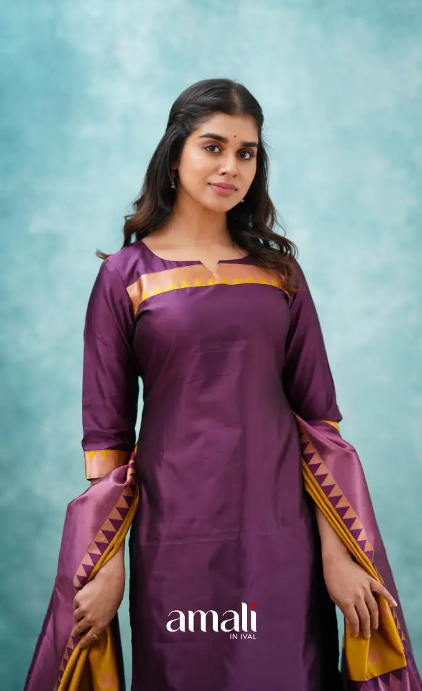 Sanvi - Purplish Magenta and Yellow Semi Kanchipuram Silk Salwar salwar