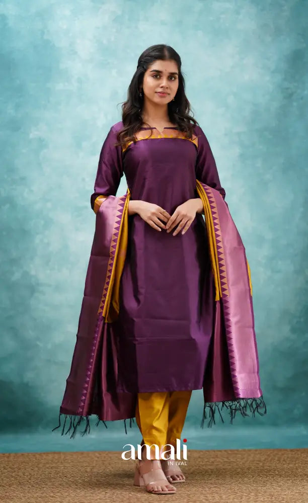 Sanvi - Purplish Magenta and Yellow Semi Kanchipuram Silk Salwar salwar