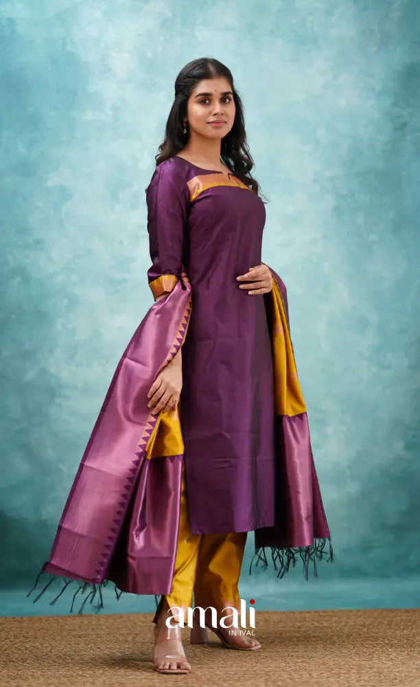 Sanvi - Purplish Magenta and Yellow Semi Kanchipuram Silk Salwar salwar