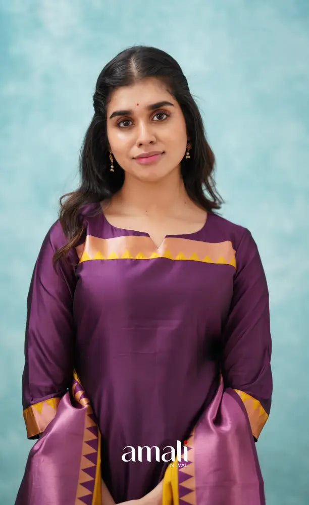 Sanvi - Purplish Magenta and Yellow Semi Kanchipuram Silk Salwar salwar