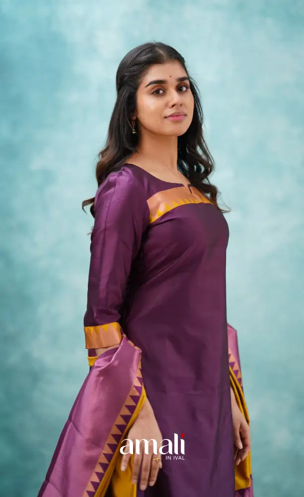 Sanvi - Purplish Magenta and Yellow Semi Kanchipuram Silk Salwar salwar