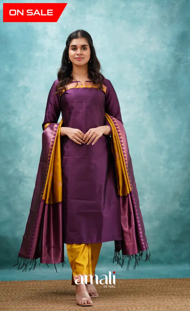 Sanvi - Purplish Magenta and Yellow Semi Kanchipuram Silk Salwar salwar