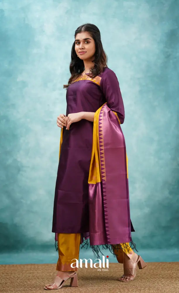 Sanvi - Purplish Magenta and Yellow Semi Kanchipuram Silk Salwar salwar