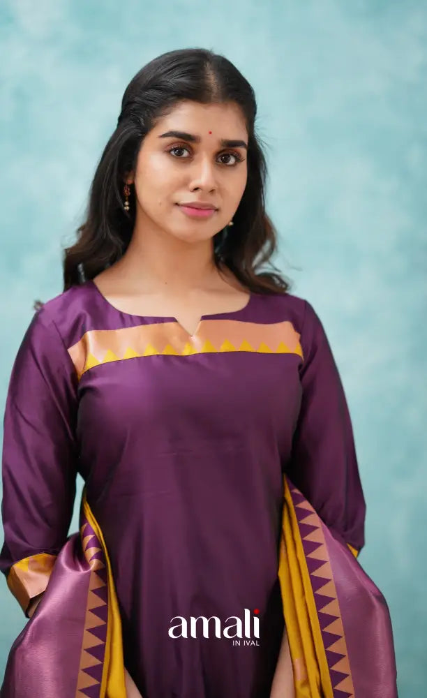 Sanvi - Purplish Magenta and Yellow Semi Kanchipuram Silk Salwar salwar