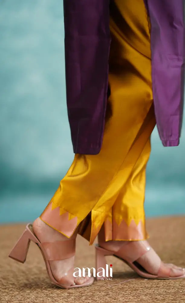 Sanvi - Purplish Magenta and Yellow Semi Kanchipuram Silk Salwar salwar