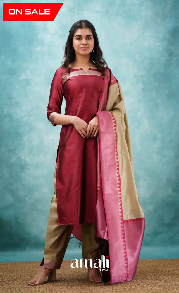 Sanvi - Reddish Maroon and Beige Semi Kanchipuram Silk Salwar salwar