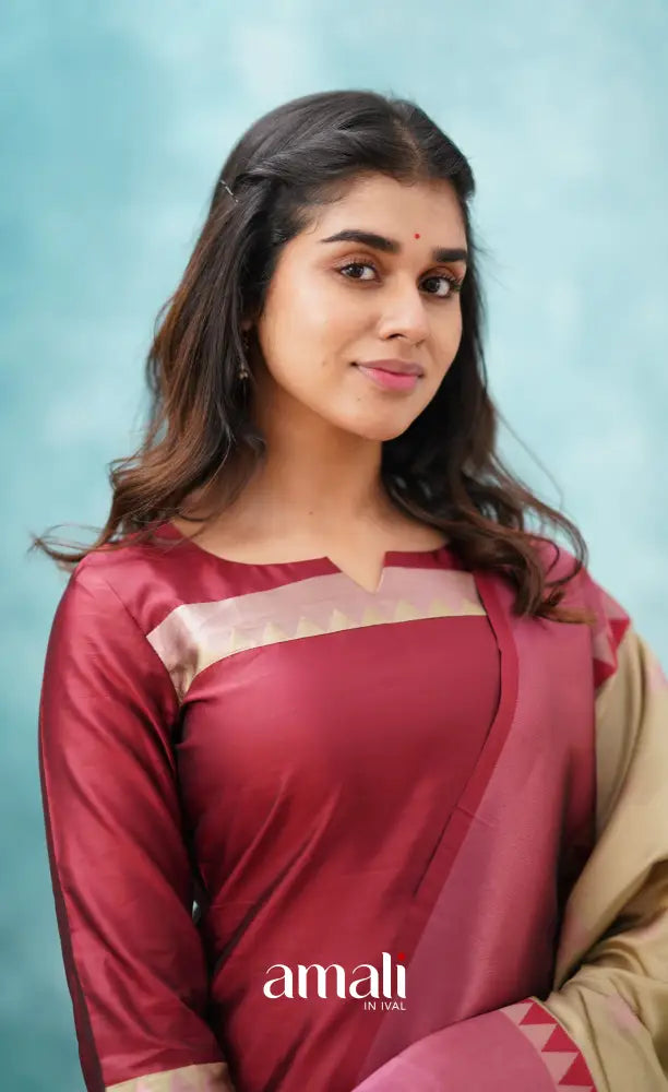 Sanvi - Reddish Maroon and Beige Semi Kanchipuram Silk Salwar salwar
