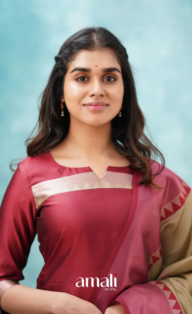 Sanvi - Reddish Maroon and Beige Semi Kanchipuram Silk Salwar salwar