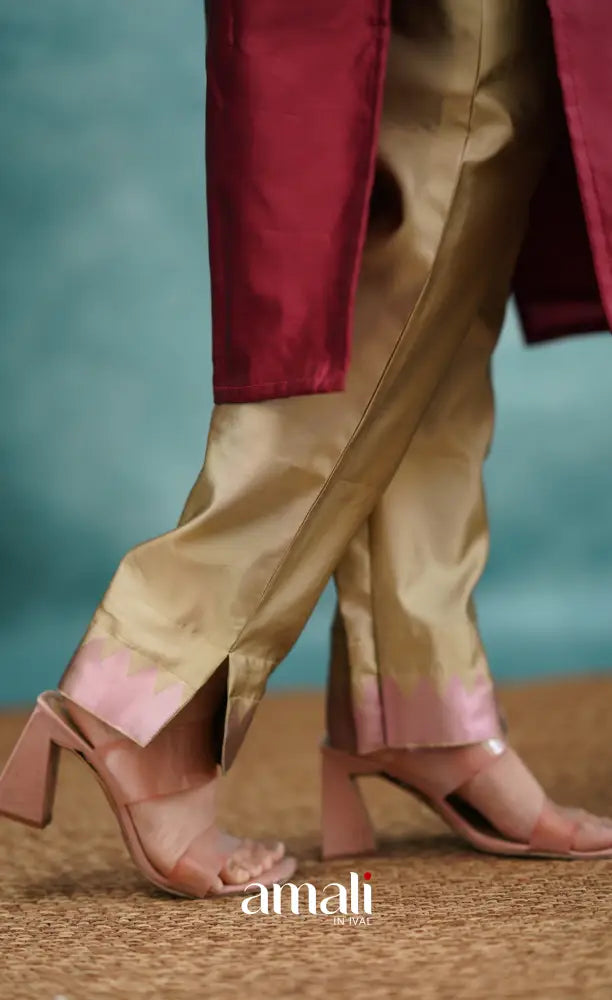 Sanvi - Reddish Maroon and Beige Semi Kanchipuram Silk Salwar salwar