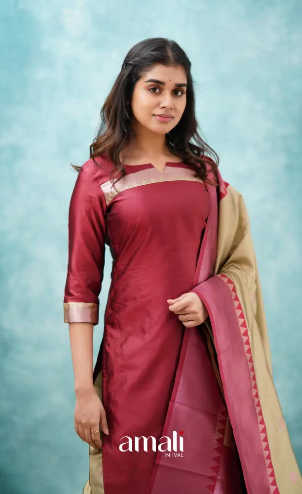 Sanvi - Reddish Maroon and Beige Semi Kanchipuram Silk Salwar salwar