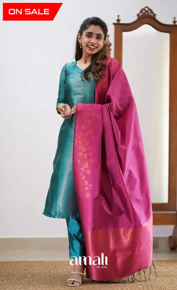 Sanvi - Teal and Pink Semi Kanchipuram Silk Salwar salwar